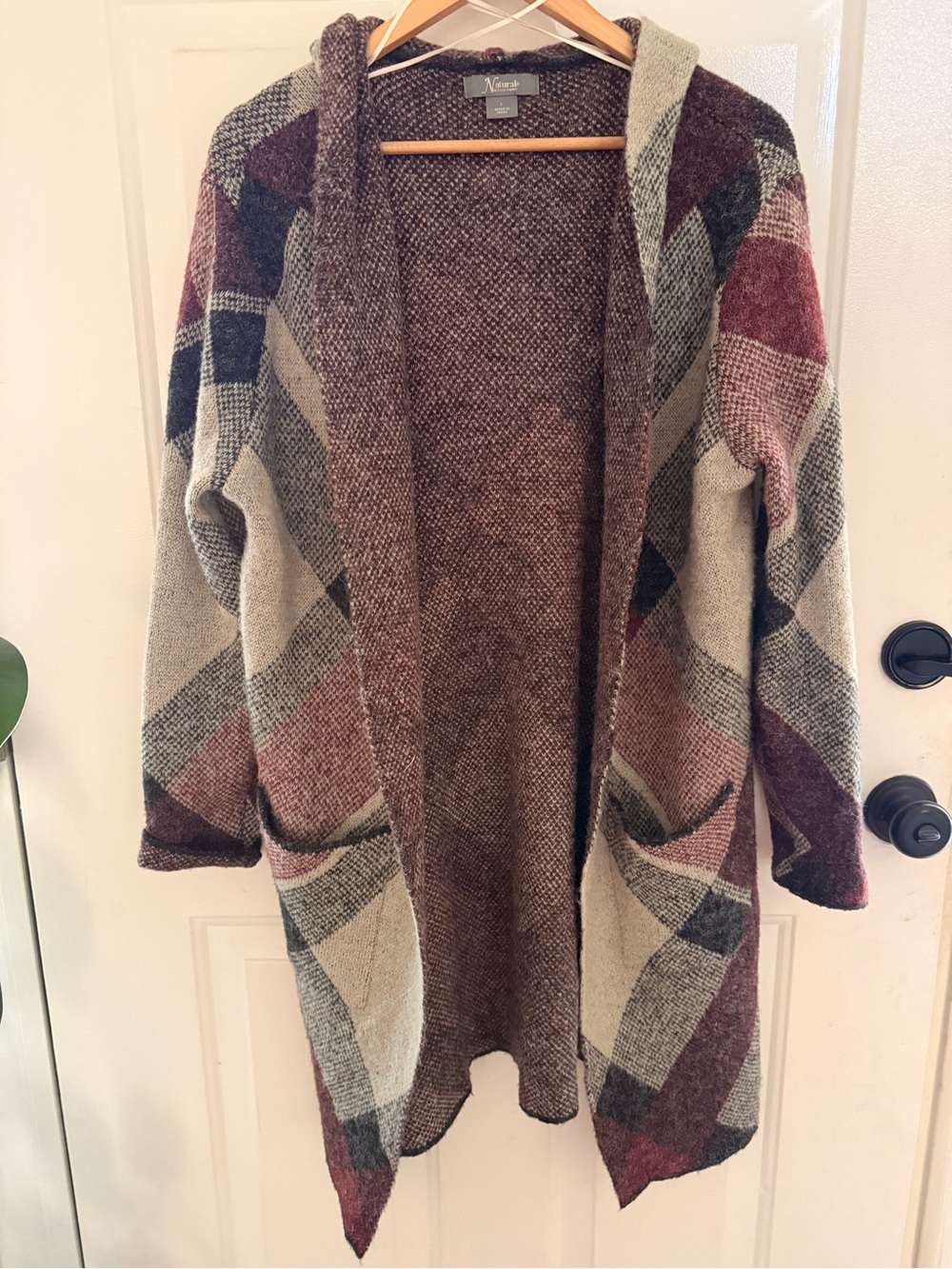 Natural Reflections Open-Front Diagonal Plaid Knit Cardigan- Taupe Burgundy Navy